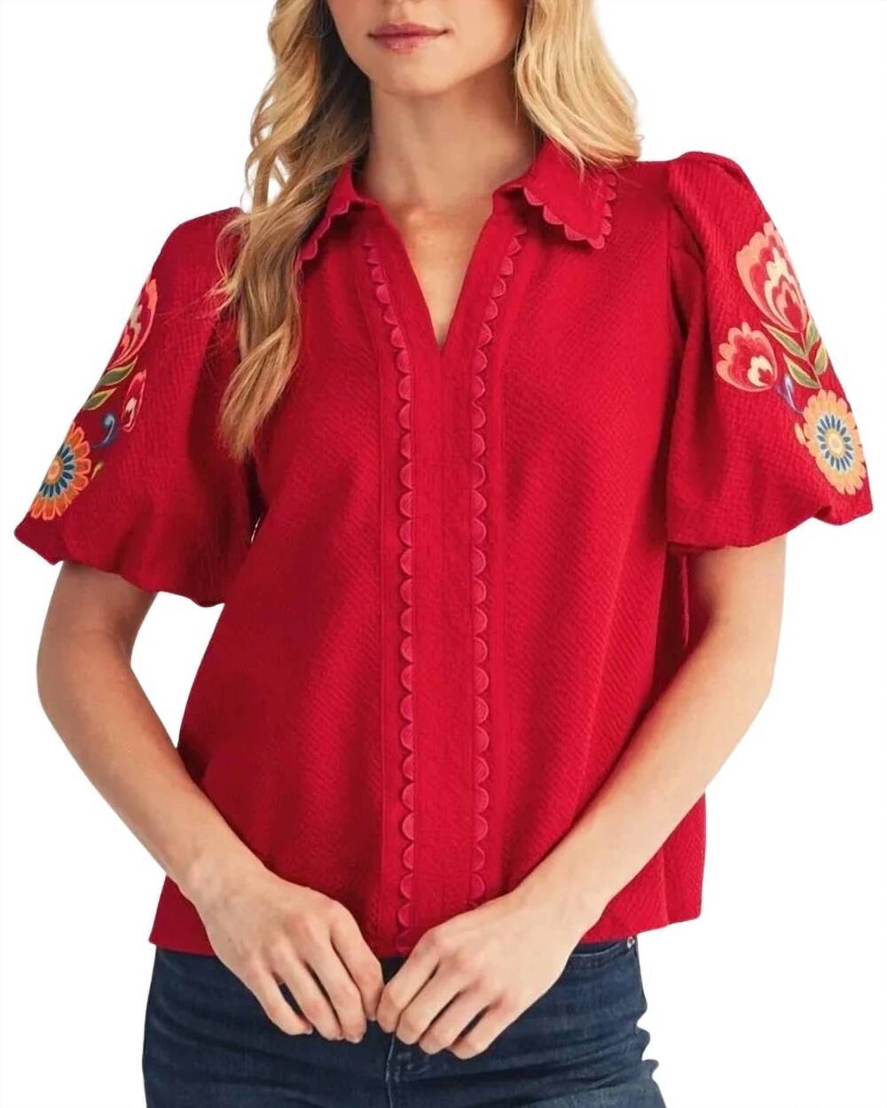 NEW JODIFL short puff sleeves notched v neck solid top in red